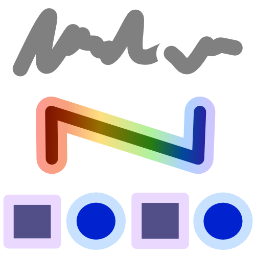 Above an elongated rainbow capital N shaped line in the center of the image is a grey and white squiggly line, below it are alternating purple squares and blue circles. The image has light line art.